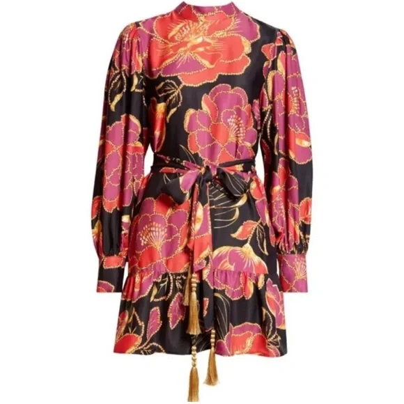 Farm Rio Shiny Chita Mini Dress Black Combo S - Picture 2 of 9